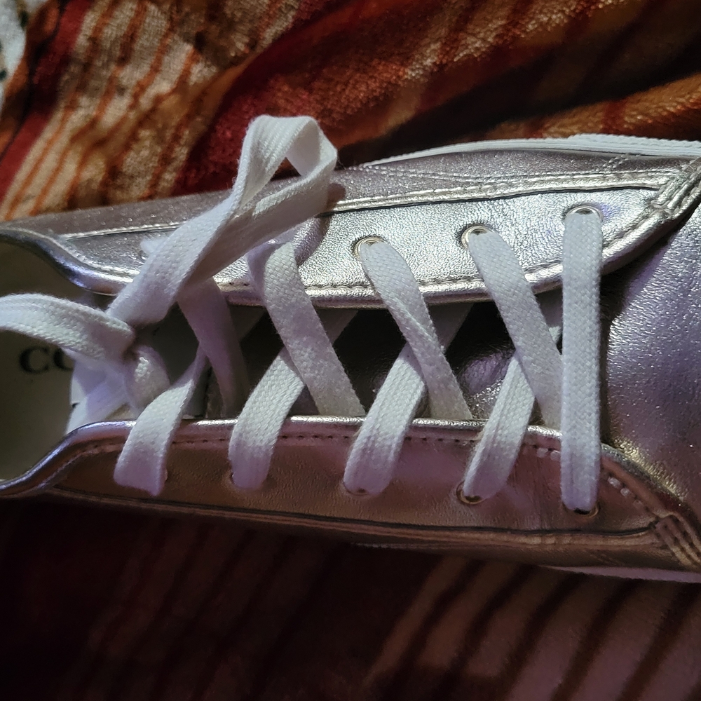 Champagne Silver and White Sneakers Fashion-Forward Metallic Design